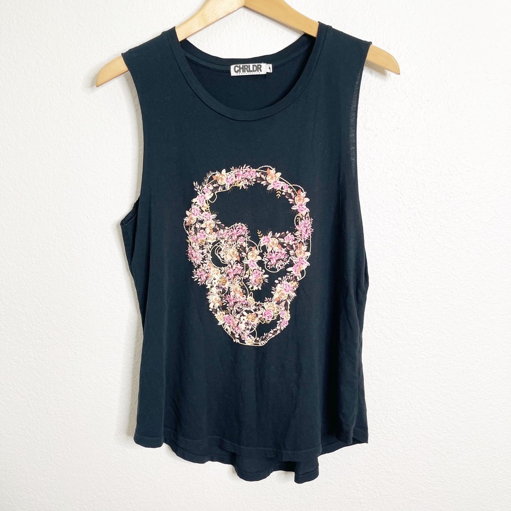 CHRLDR Womens Black Floral Skull Graphic Muscle Tank Top Size Medium Sleeveless